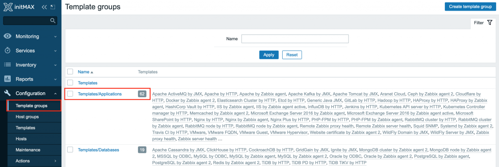 Sekce template groups v Zabbix 6.0. 