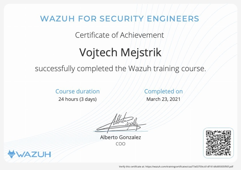 Vojtěch Mejstřík získal certifikát Wazuh for security engineers.