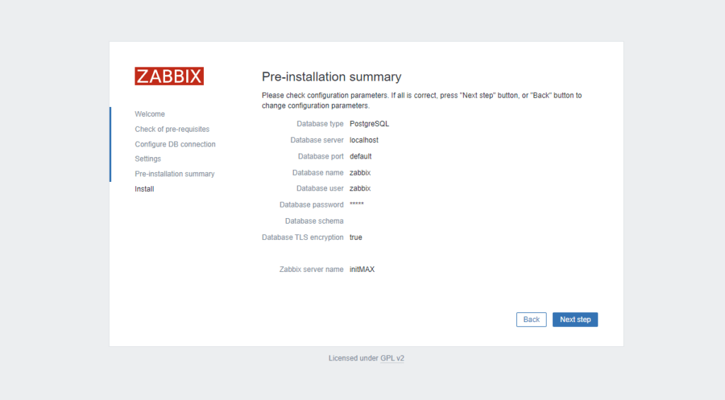 The fifth step of installing Zabbix 6.0 and checking values before installation.