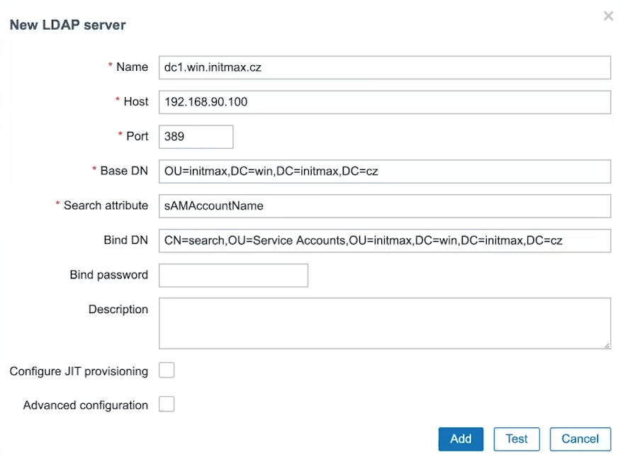 A dialog with all the LDAP server information, login information, and information needed to navigate through the structure of the target LDAP server.