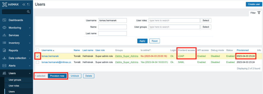 Section Users -> Users. Provision now button = start immediate provisioning