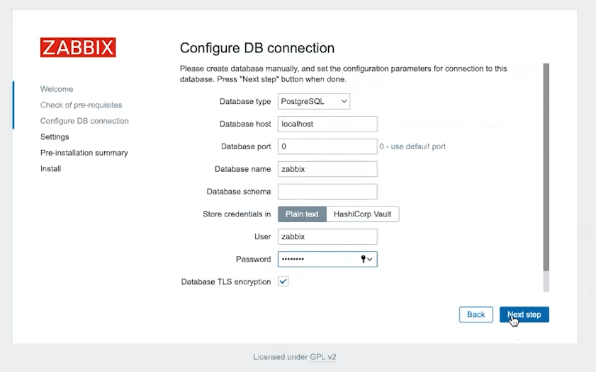 The third step of installing Zabbix 6.0 and connecting to the database.