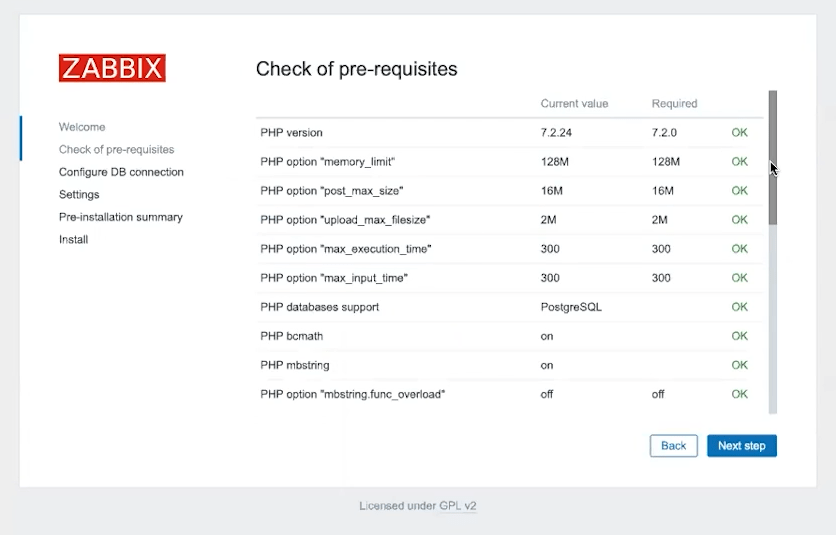 The second step of installing Zabbix 6.0 and checking the minimum requirements.