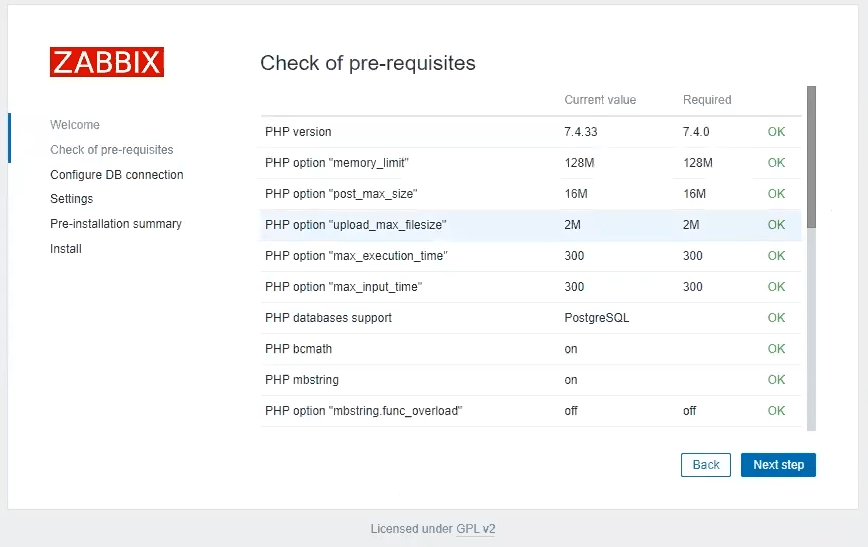 The second step of installing Zabbix 6.4 and checking the minimum requirements