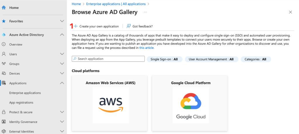 Browse Azure AD Gallery - Create your own app button