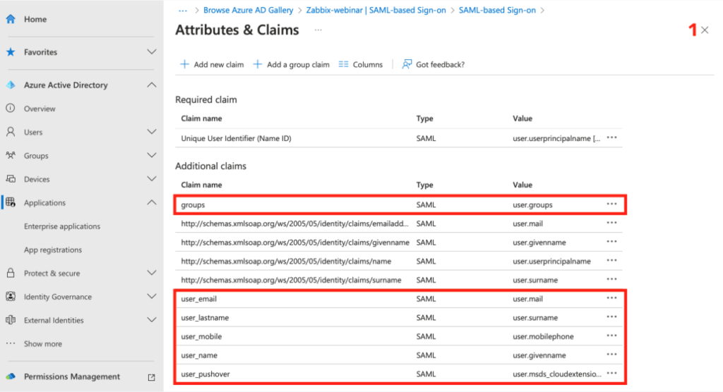 Attributes & Claims section and all claims settings