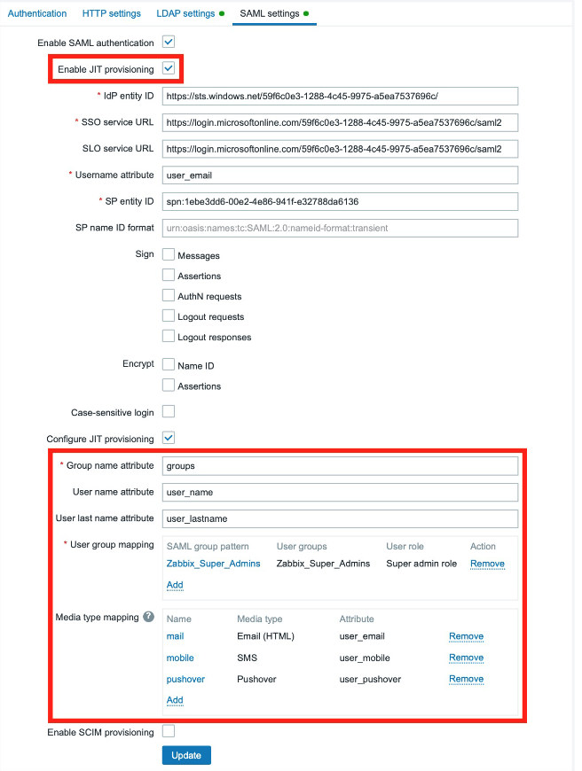 JIT provisioning settings, under Users -> Authentication -> SAML settings