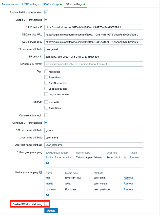 SCIM provisioning settings, under Users -> Authentication -> SAML settings