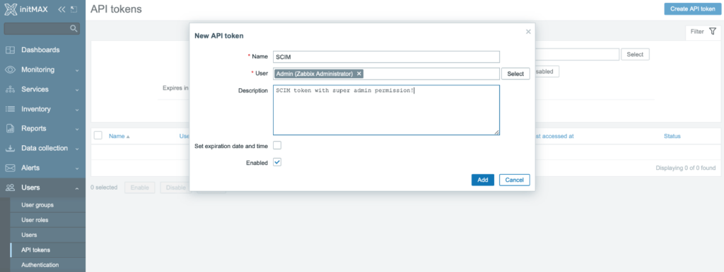 Dialog box for creating an API token