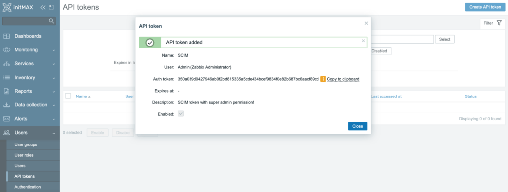 API token status window