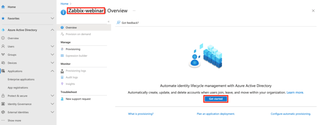 To set up provisioning, click the Get started button in Azure