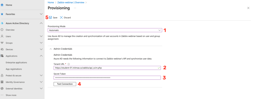 Test and save configuration in Azure