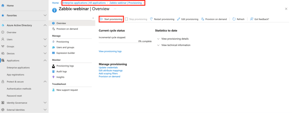 The last step in setting up SCIM provisioning is to click the Start provisioning button in the Overview section