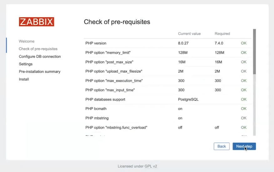 The second step of installing Zabbix 7.0 and checking the minimum requirements