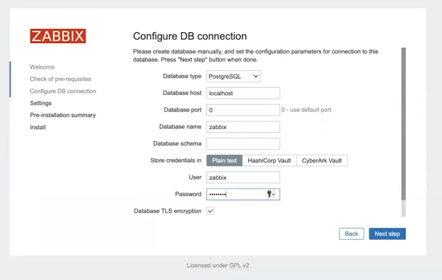 The third step of installing Zabbix 7.0 and connecting to the database