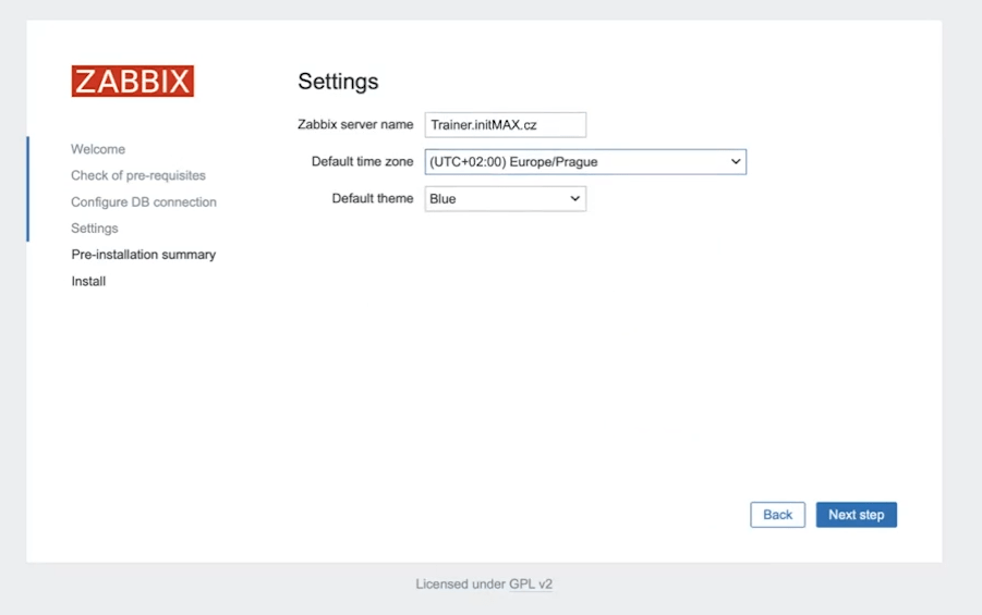 The fourth step of the Zabbix 7.0 installation wizard is to set up the server and select a time zone.