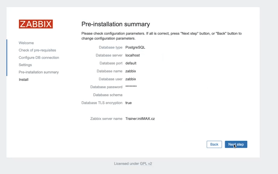 The fifth step of installing Zabbix 7.0 and checking values before installation