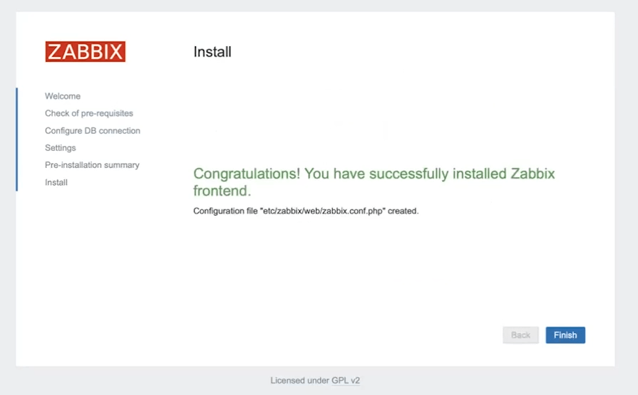 After successful installation of Zabbix 7.0, we can proceed to login by clicking on the "Finish" button.