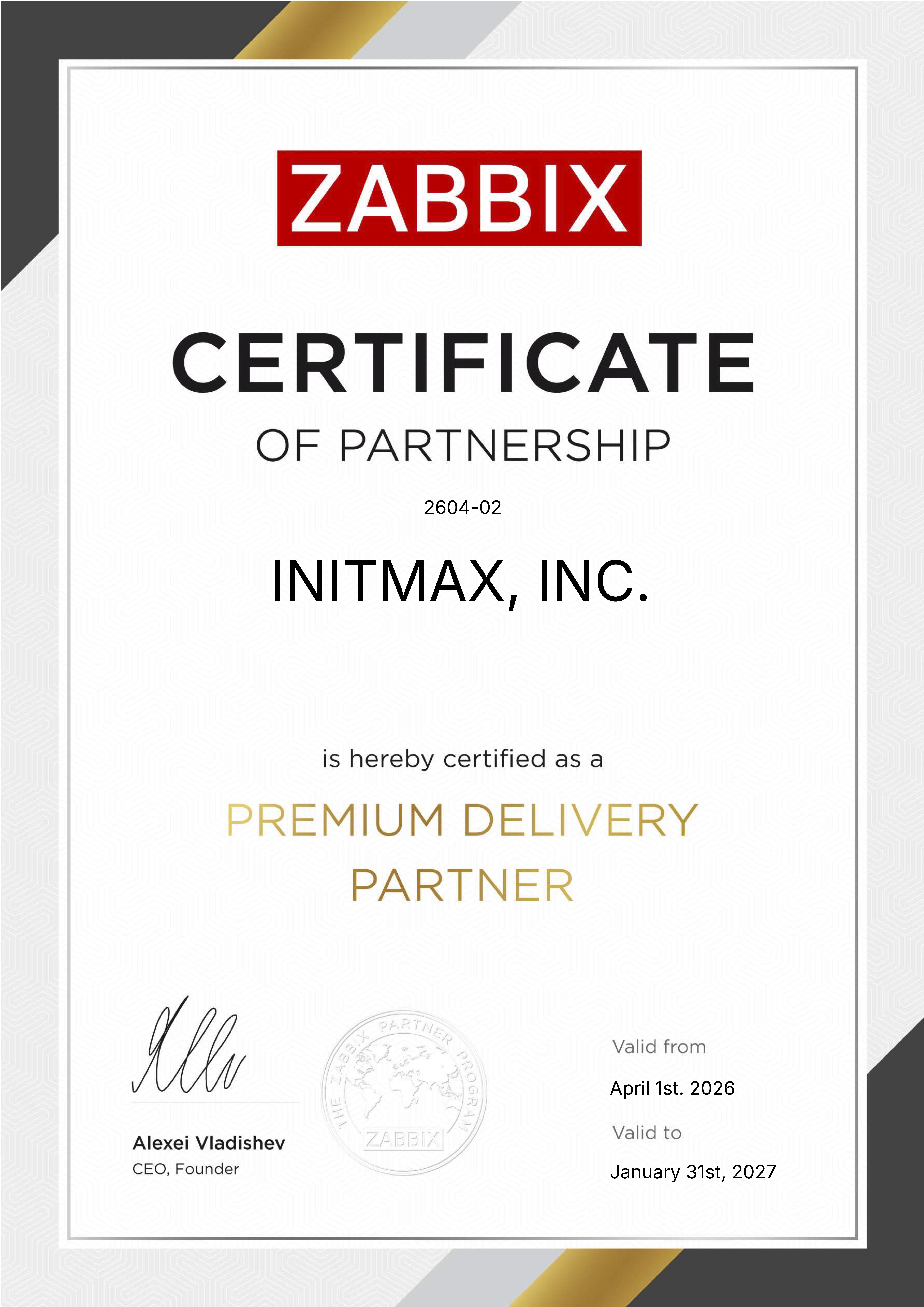 Zabbix Premium Delivery Partner certificate for INITMAX, INC. (USA)
