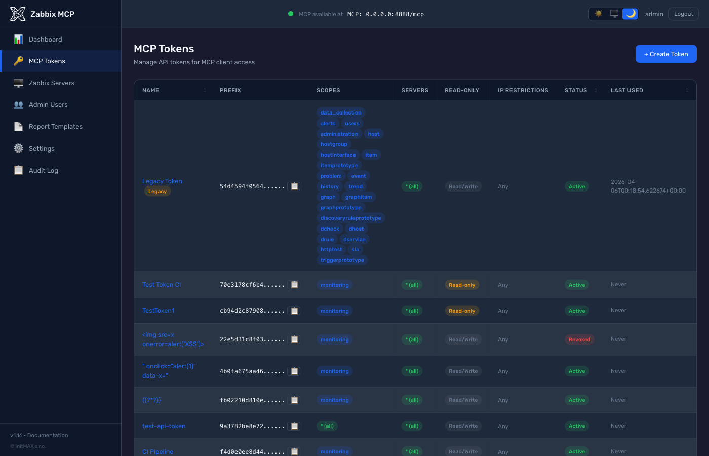 Zabbix MCP Server - Token management