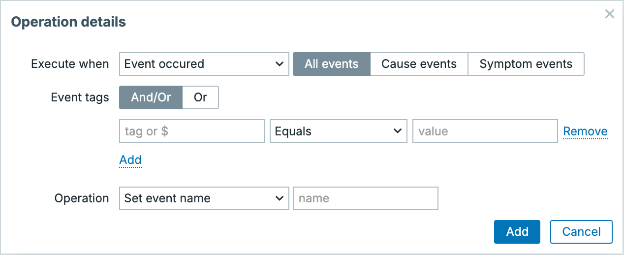 Operation details popup in a Zabbix 8.0 CEP rule