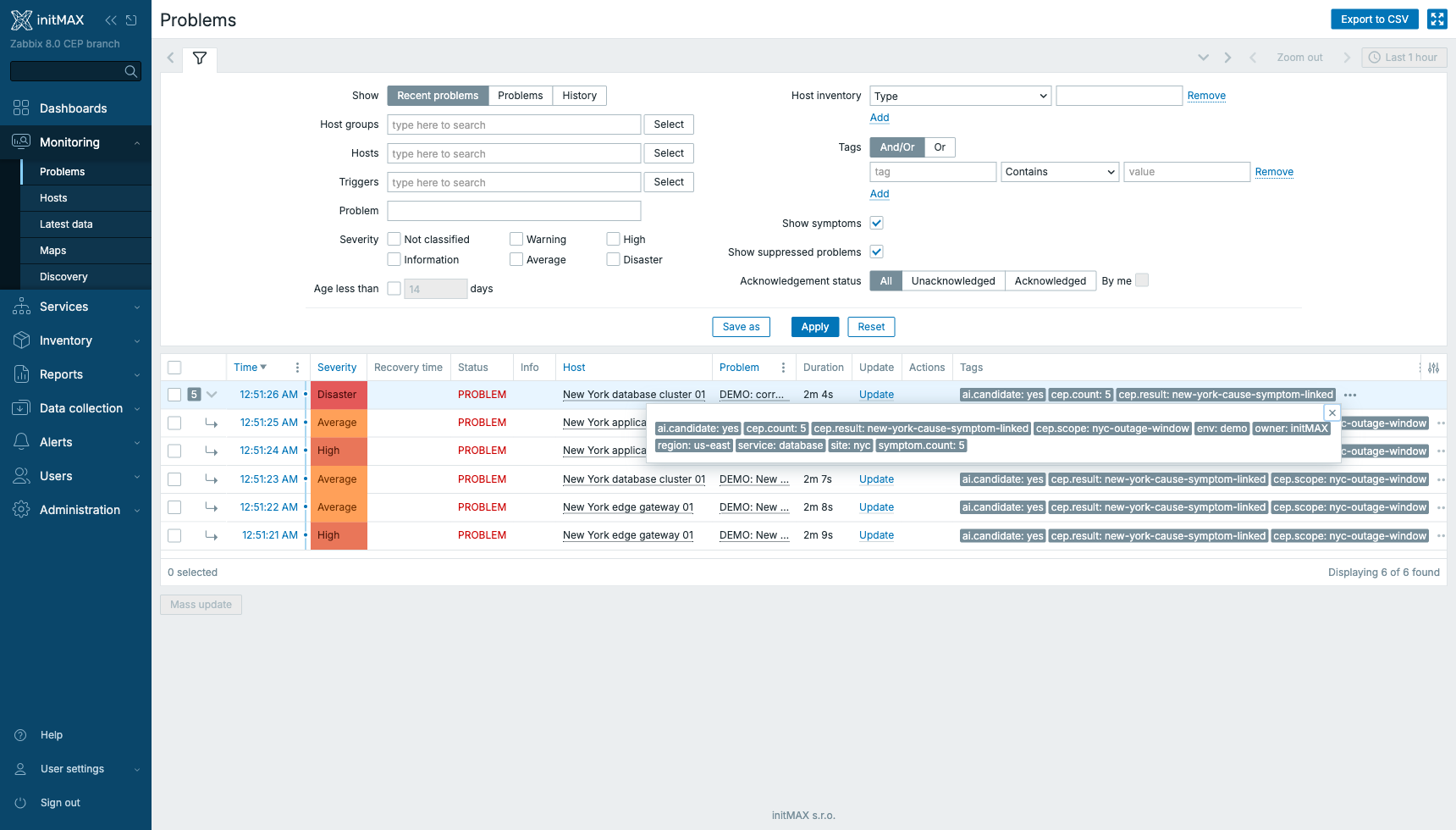 Problems view in Zabbix after CEP correlation with root cause on top and tags expanded
