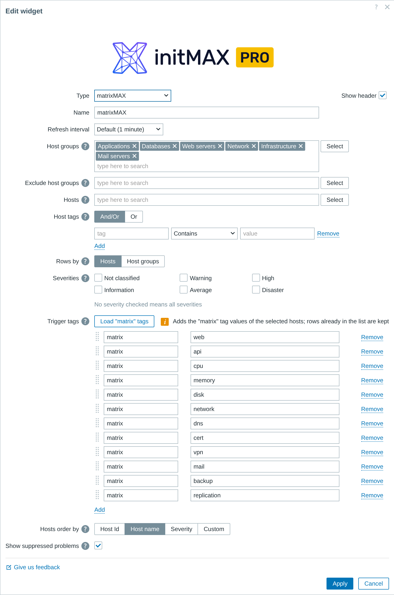 matrixMAX - the widget configuration form