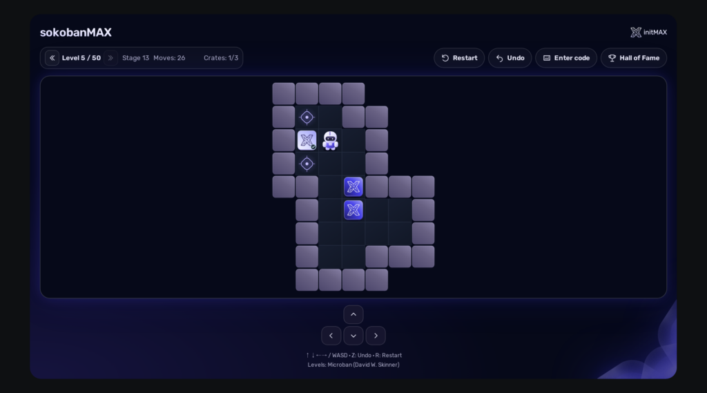 A game in progress on a Zabbix dashboard: level 5 of 50, moves and crates counted.