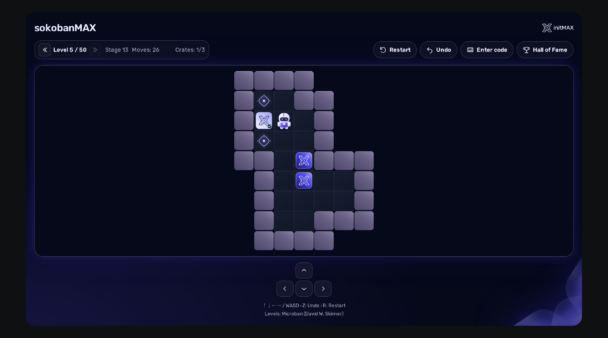 A game in progress on a Zabbix dashboard: level 5 of 50, moves and crates counted.