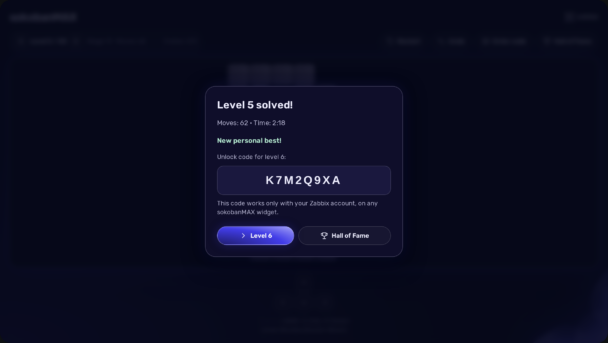 Level solved: the server replayed every move, recorded your best and issued your personal code for the next level.
