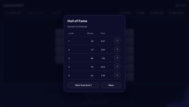 Hall of Fame: your best result on every level - fewest moves, then fastest time - kept in the Zabbix database.