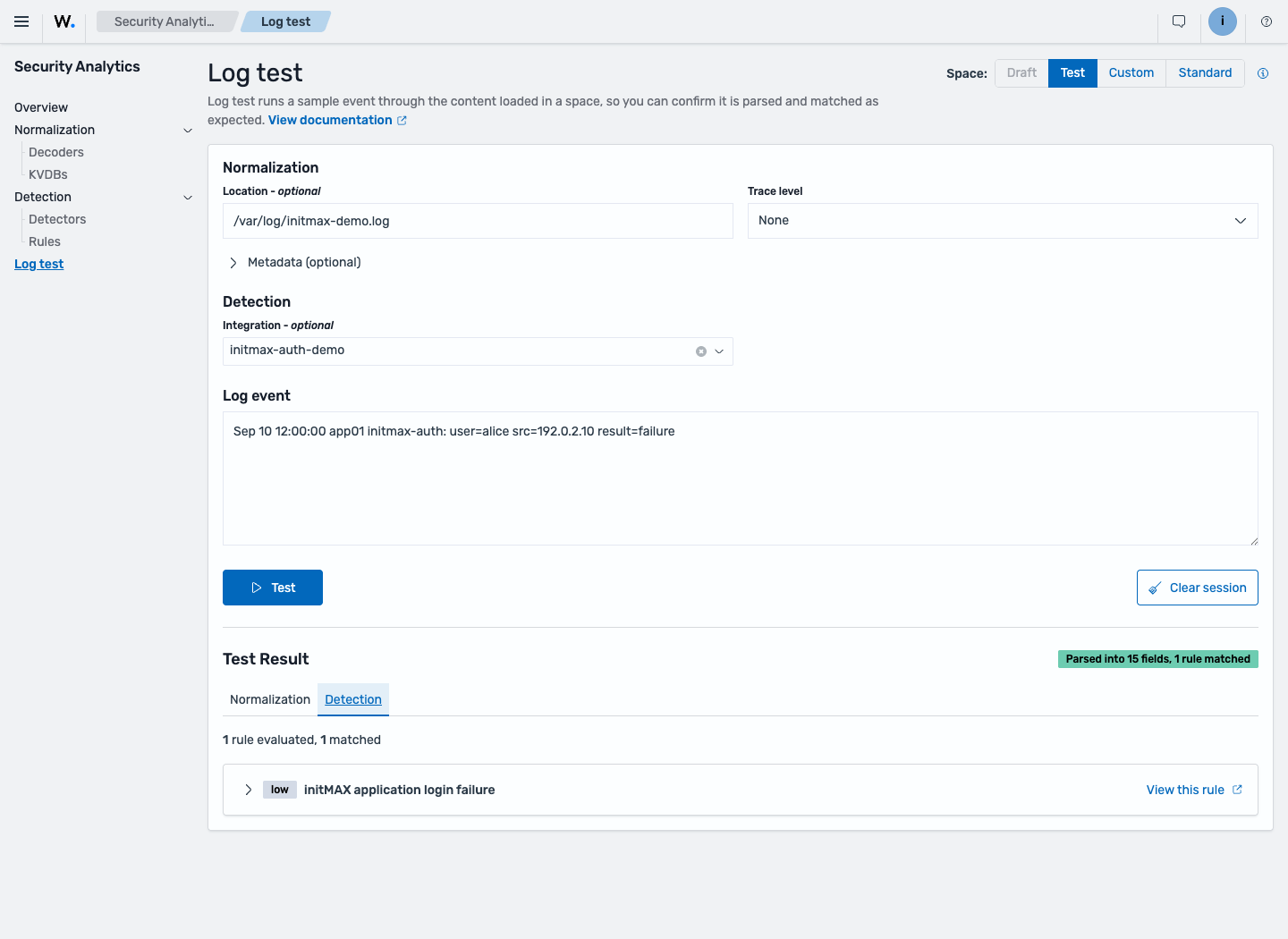 Positive Log Test: the failed login matches the custom rule.