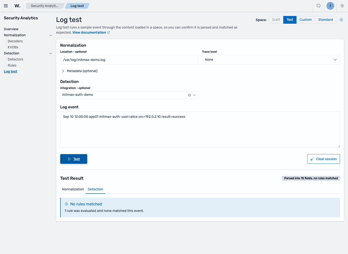 Negative Log Test: the successful login is decoded but matches no rule.