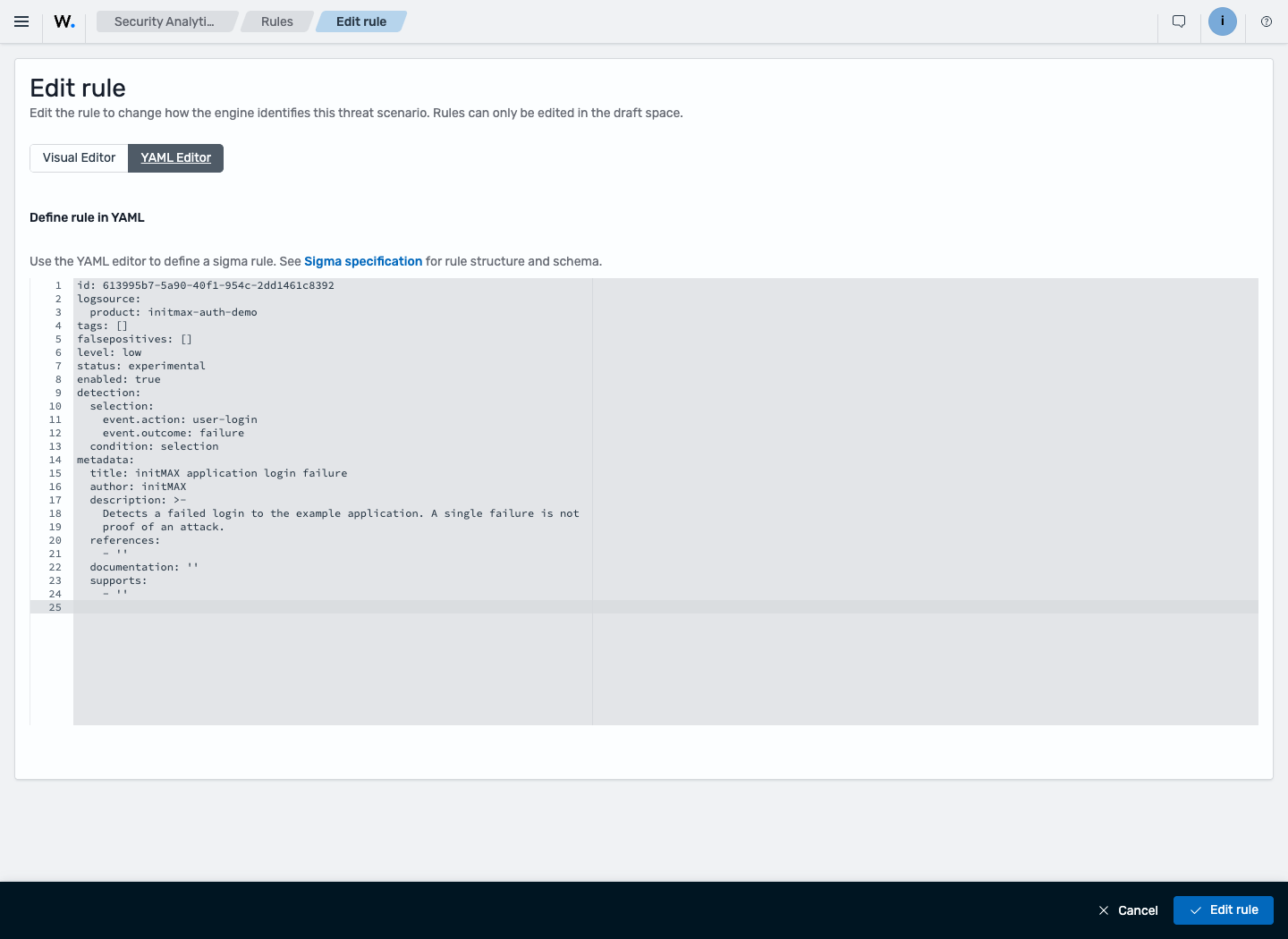 The custom rule in the YAML editor: only user-login combined with failure produces a match.