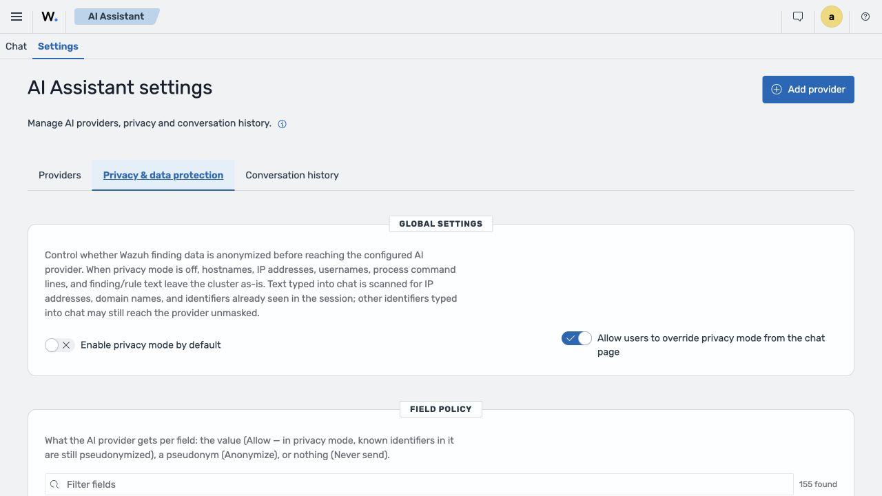 Privacy mode and Field Policies in AI Assistant settings.