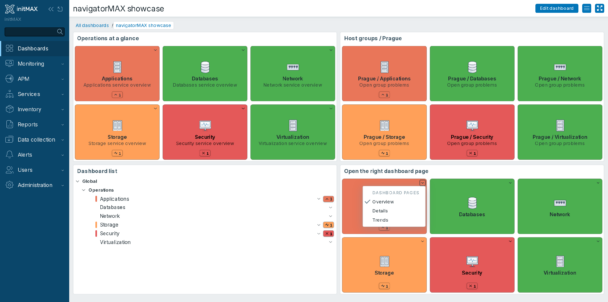 Connect dashboard navigation, host-group problems and dashboard pages in one overview.